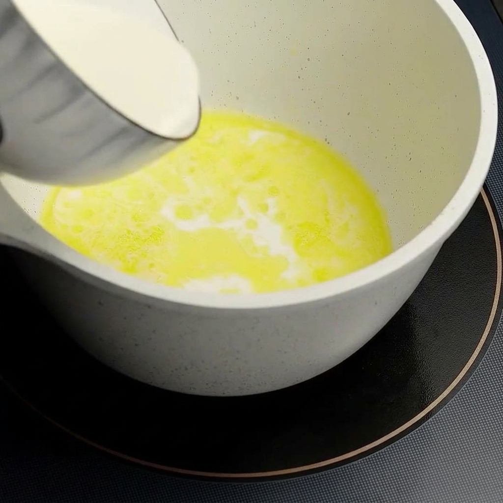 コンロに置かれた白い小鍋でバターを溶かし、そこに牛乳と生クリームを注ぎ入れている様子。