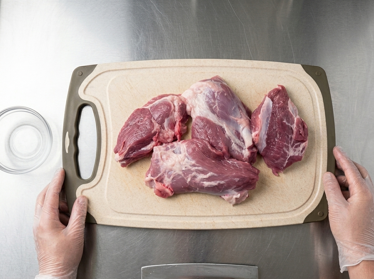 まな板の上で、包丁を使って生の豚肉の塊を小さく切っている様子。