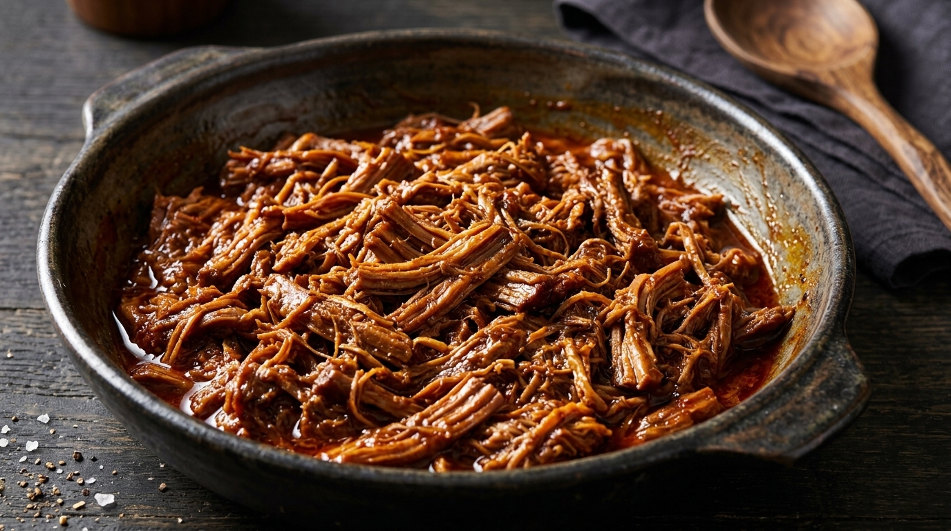 食欲をそそるスパイスの香りと、赤茶色の特製ソースがしっかりと絡んだ、柔らかくジューシーなプルドポークです。