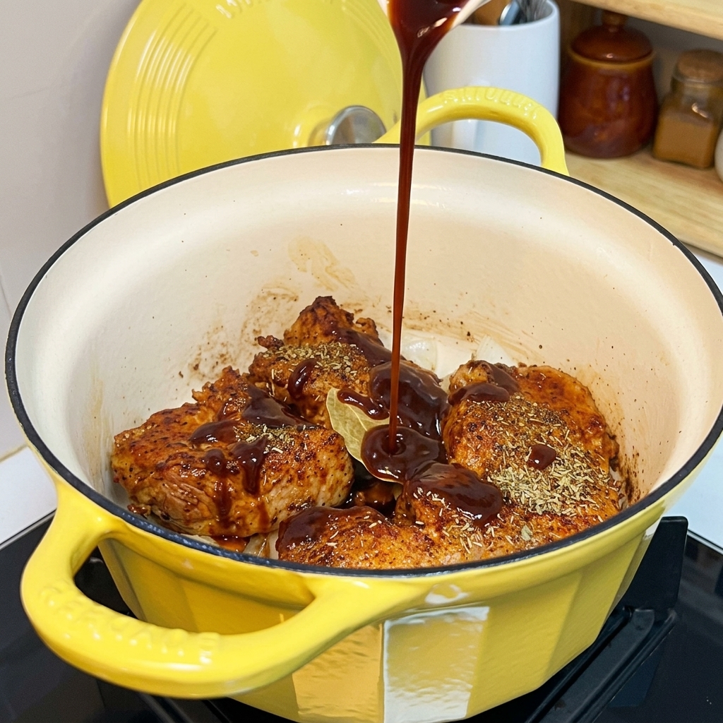 焼き色がついた豚肉と玉ねぎに、コーラとソースを注いでいる様子。