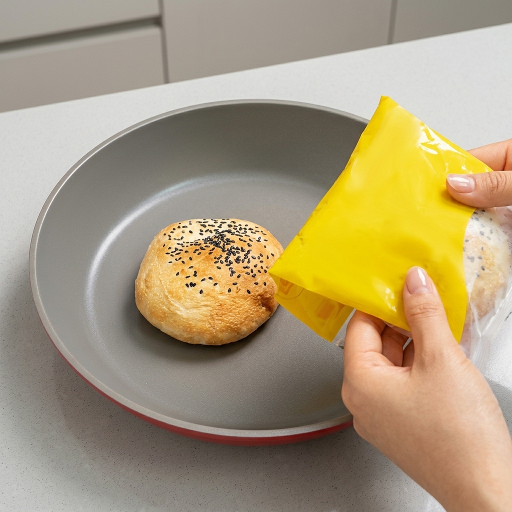 ゴマ付きのバーガーバンズを、フライパンで黄金色になるまでトーストしている様子。