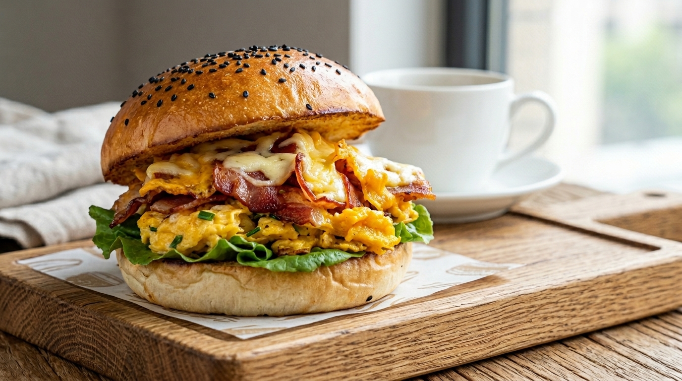 忙しい朝にぴったり！ベーコンとスクランブルエッグの朝食バーガー