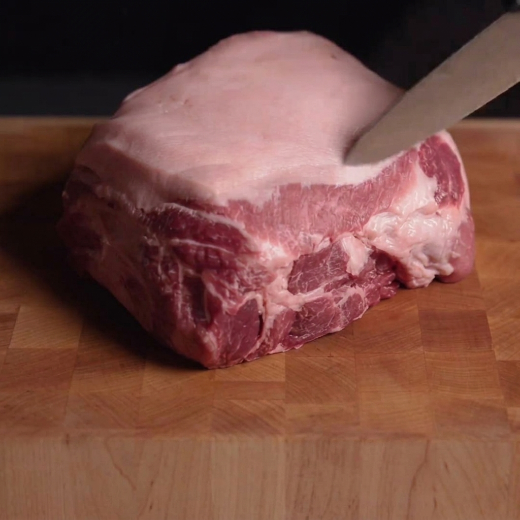 木のカッティングボードに置かれた大きな生豚肩肉の脂肪層に、鋭い包丁で切り込みを入れている様子。