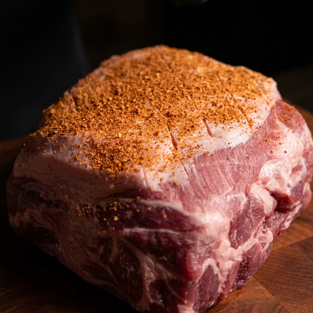 木のカッティングボードに置かれた生の豚肩肉。赤褐色の粗いドライラブスパイスが全体にたっぷりとまぶされている。
