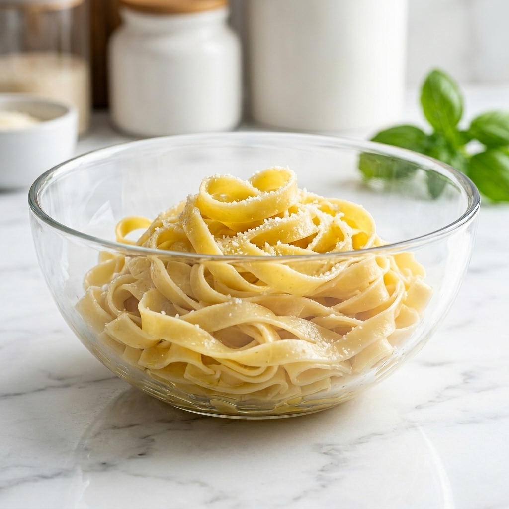 茹で上がったパスタにオリーブオイルを絡めている様子。