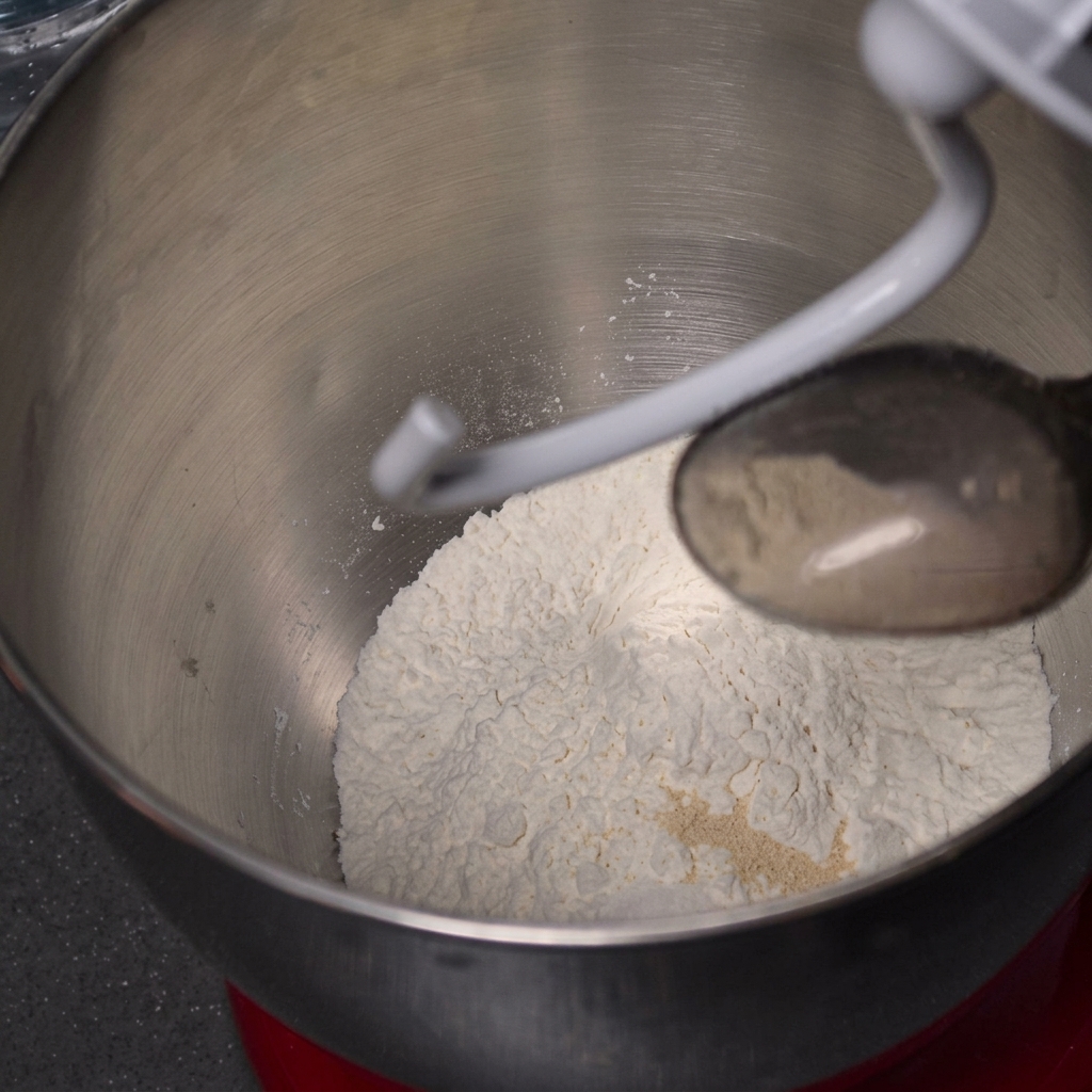 スタンドミキサーのボウルに入った小麦粉に、計量スプーンでドライイーストを加えている様子。