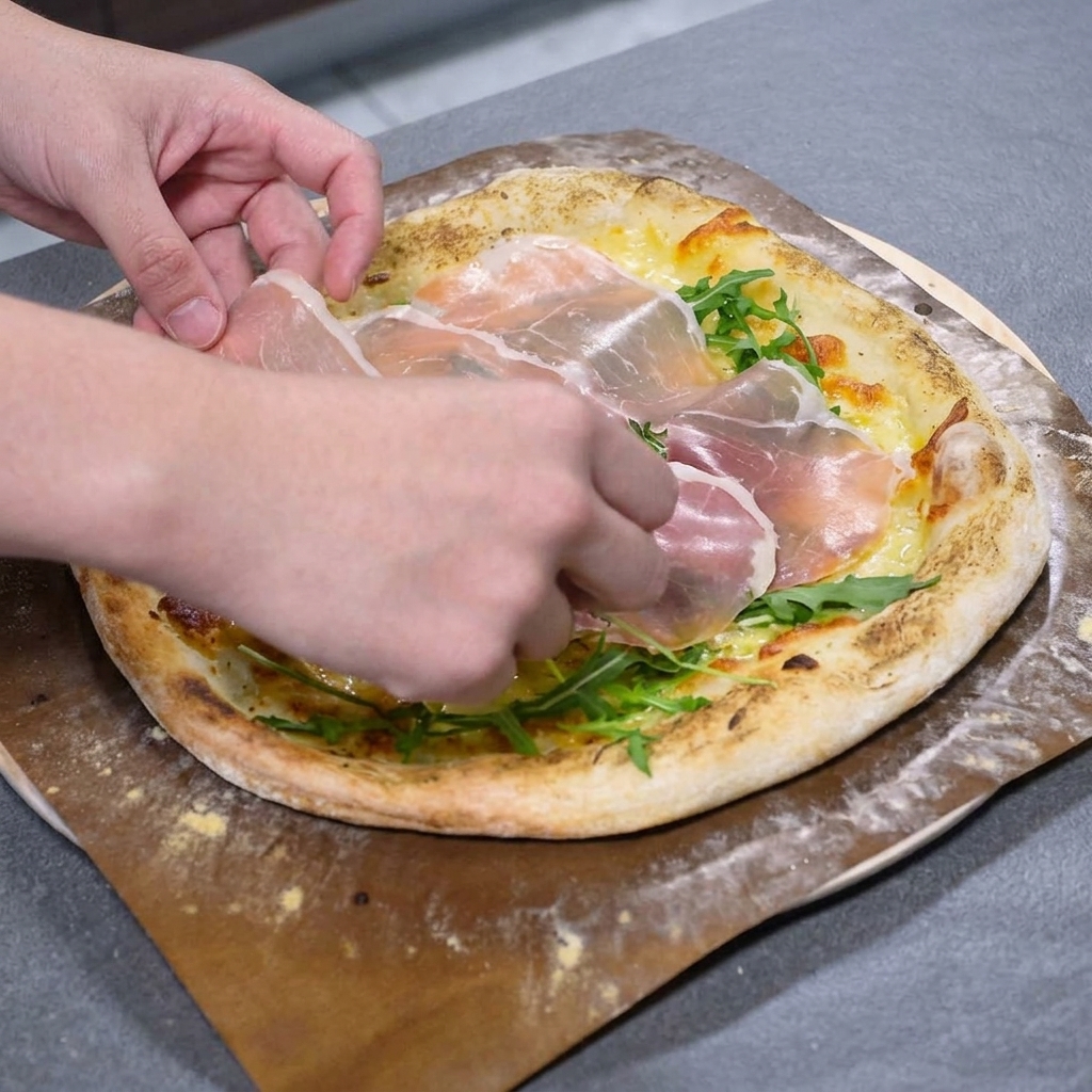 焼き上がったピザ生地にのせた新鮮なルッコラの上に、パルマハムを丁寧に盛り付けている手元の様子。