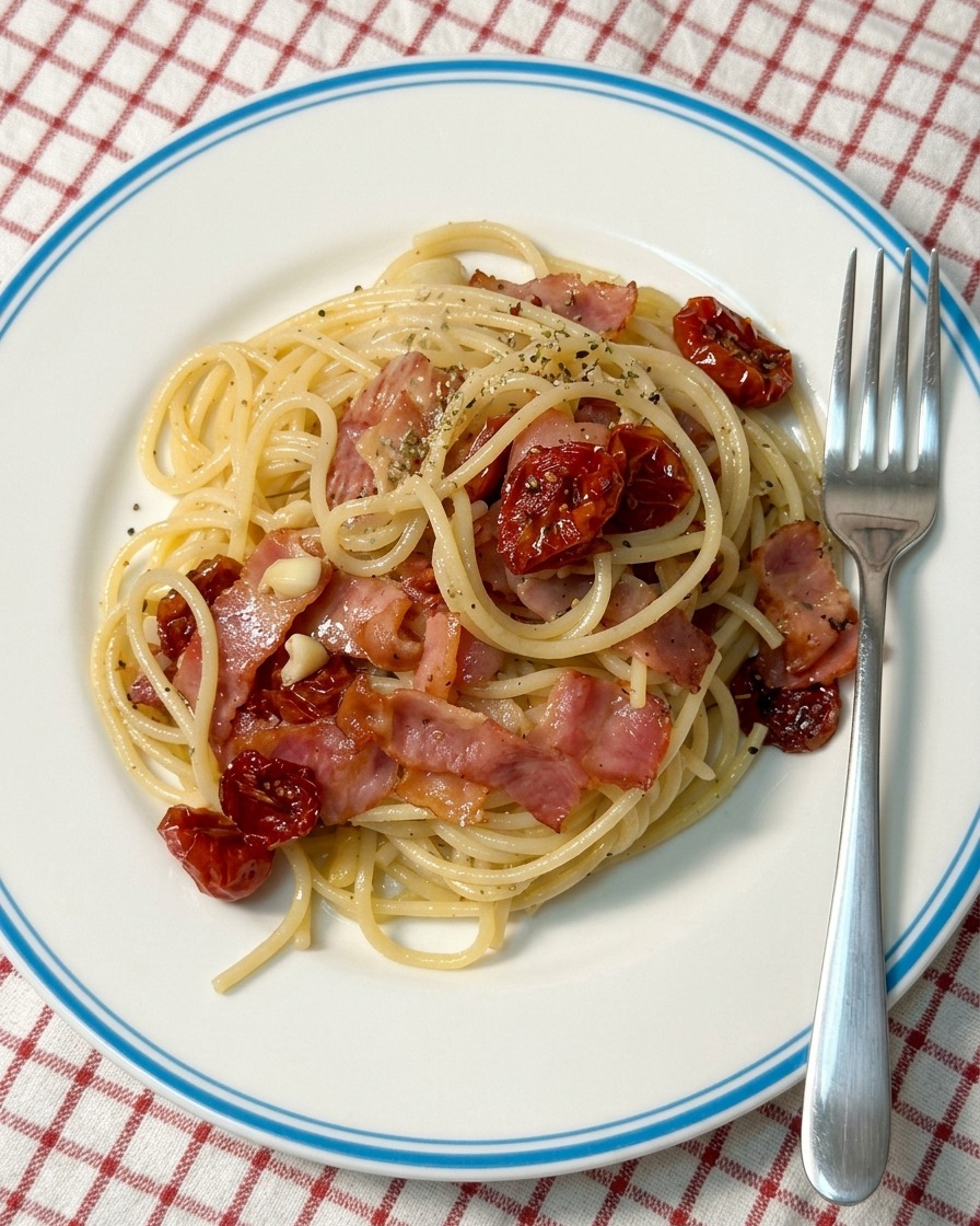 お皿に盛られたパスタに、乾燥ハーブとシーズニングソルトをブレンドしたものを振りかけている手元のアップ。