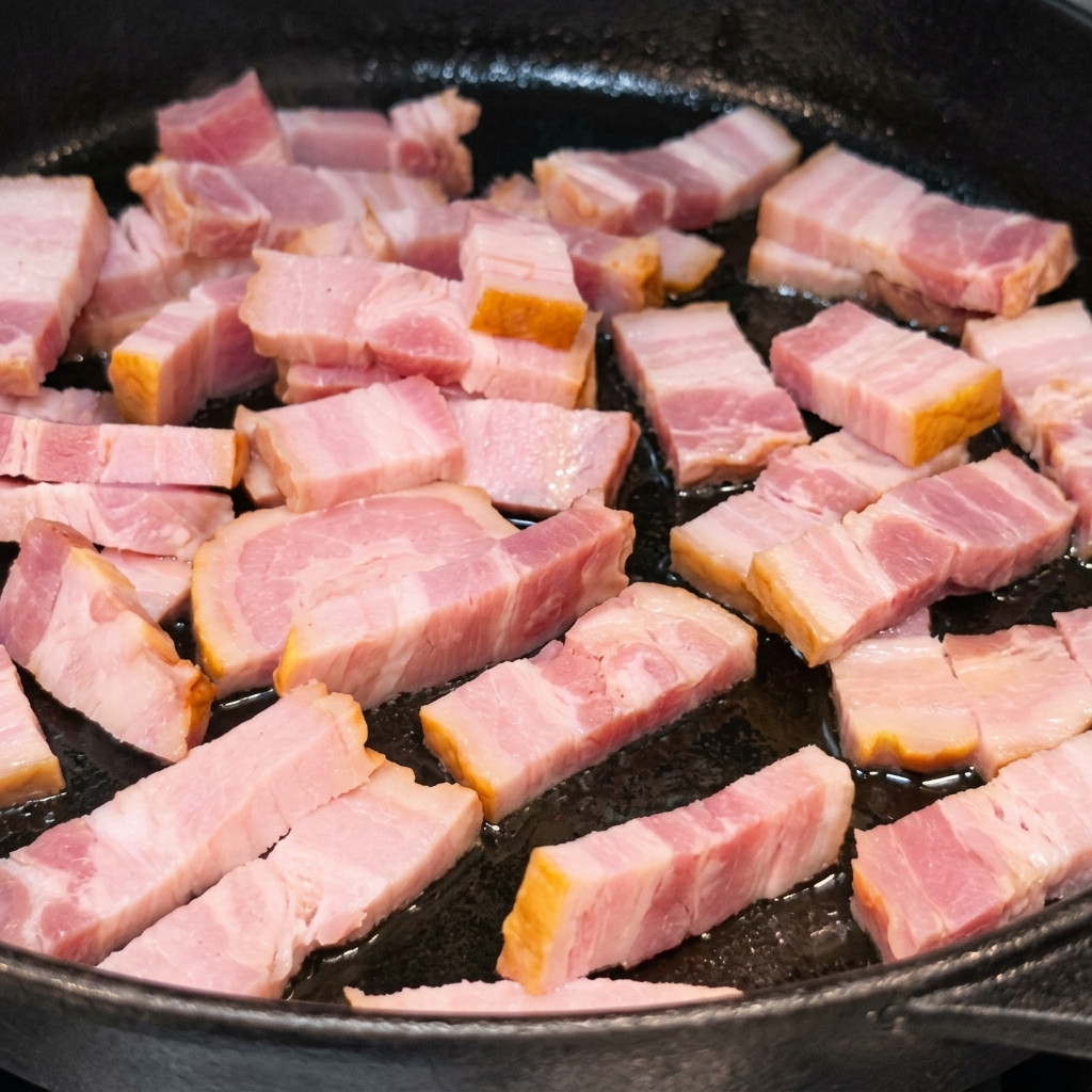 鋳鉄製のフライパンでベーコンをこんがりと炒め、脂を引き出している様子。