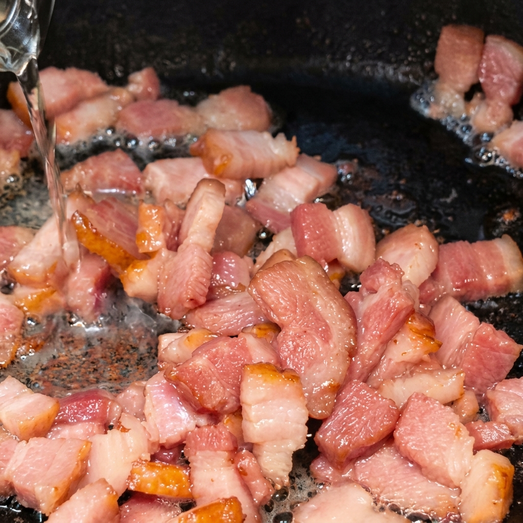 熱したフライパンでこんがり焼けたベーコンに白ワインを注いでいる様子。