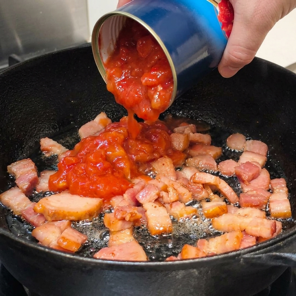 フライパンの炒めたベーコンにトマト缶を加えている様子。