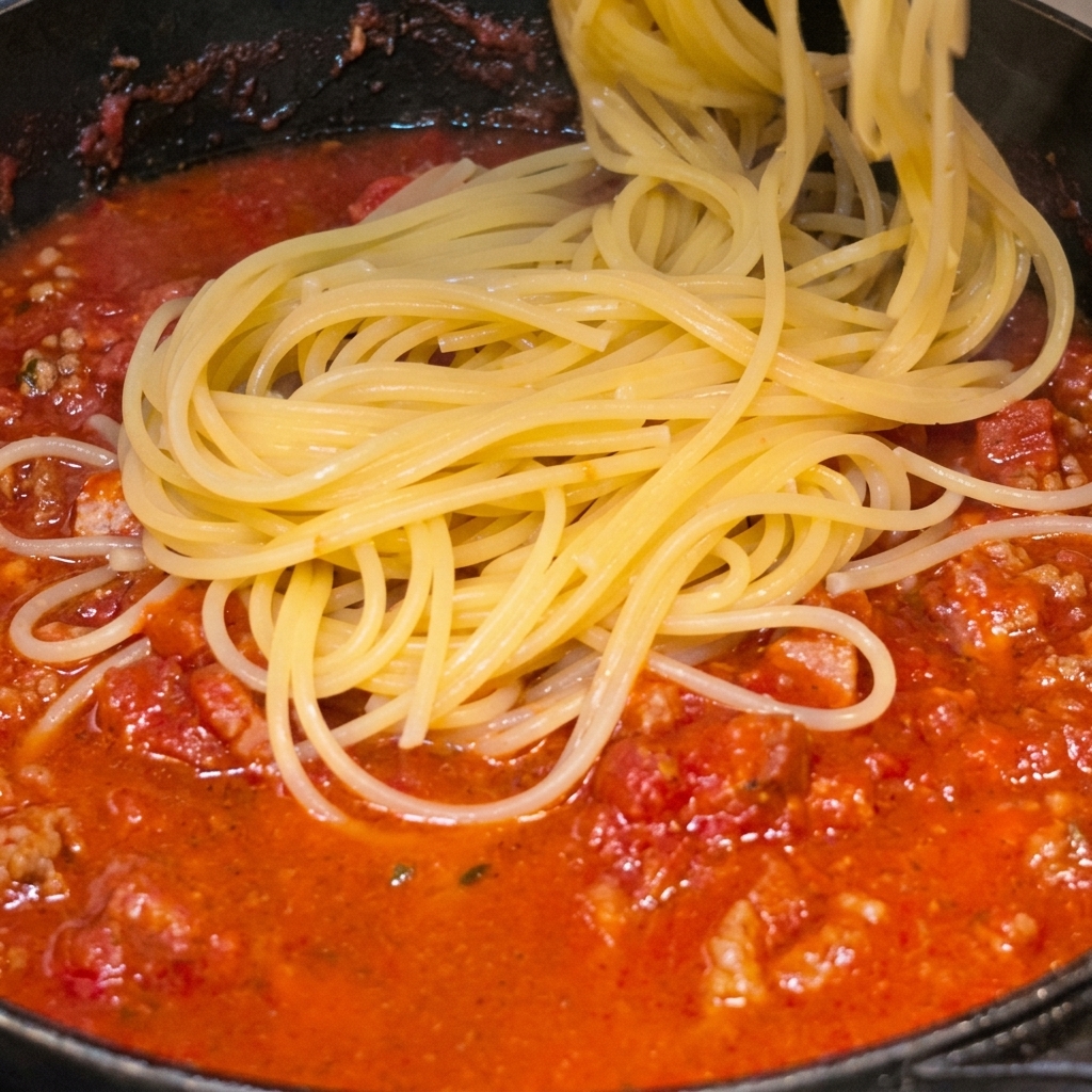 茹で上がったスパゲッティを、熱々のトマトとベーコンのソースが入ったフライパンに移している様子。