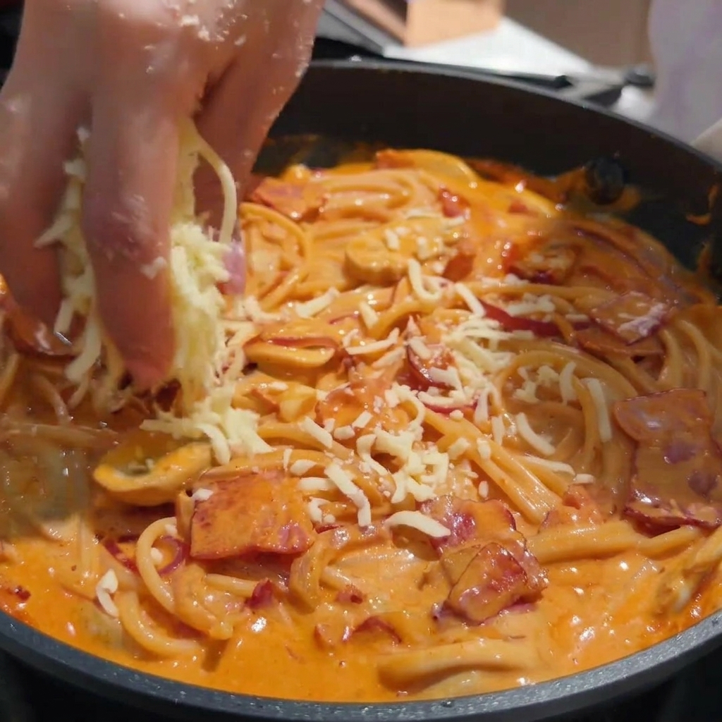 ソースが絡んだパスタの上に、モッツァレラチーズを振りかけている様子。
