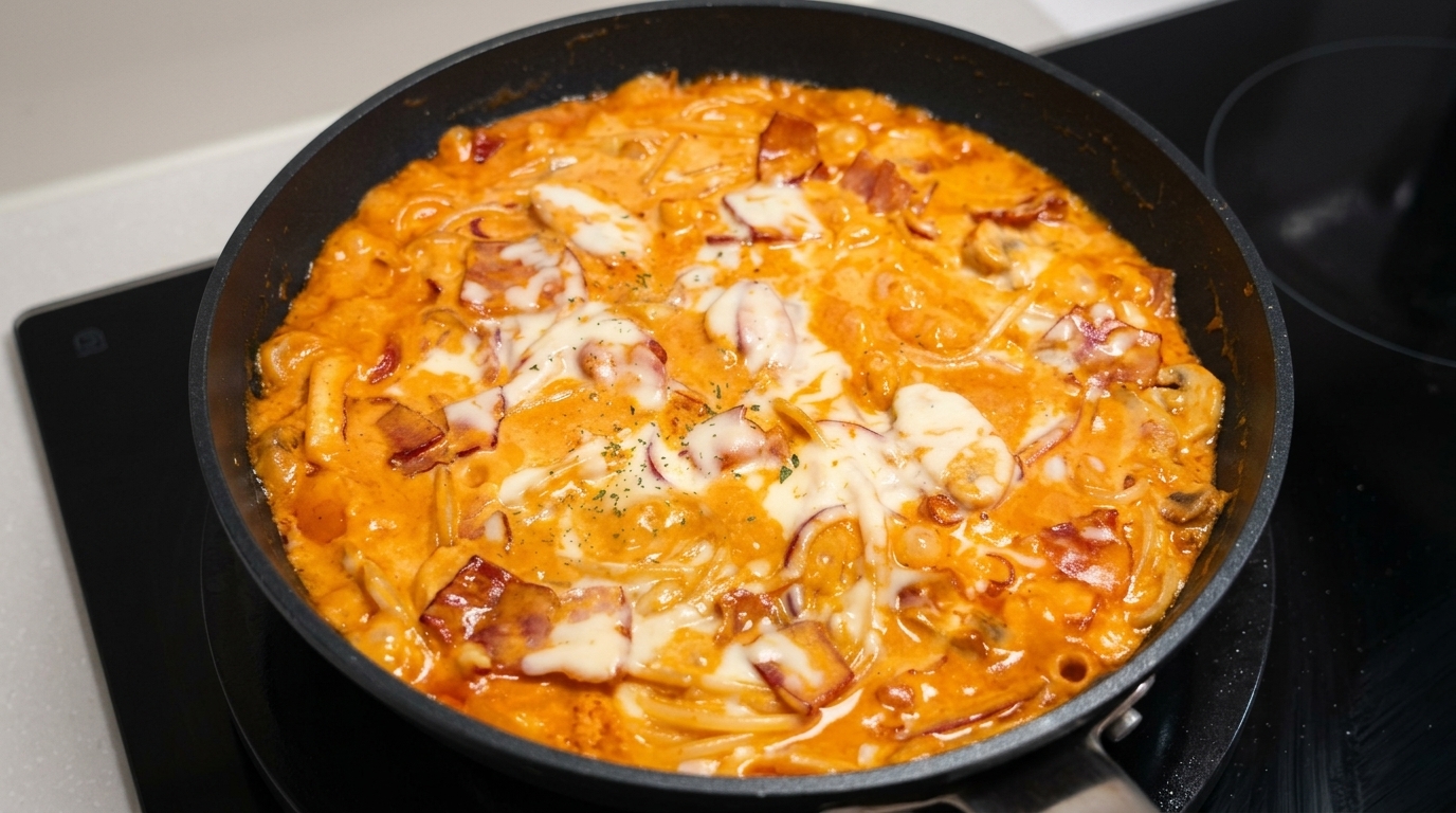 スパイシーな韓国風火鶏（プルダック）クリームパスタ