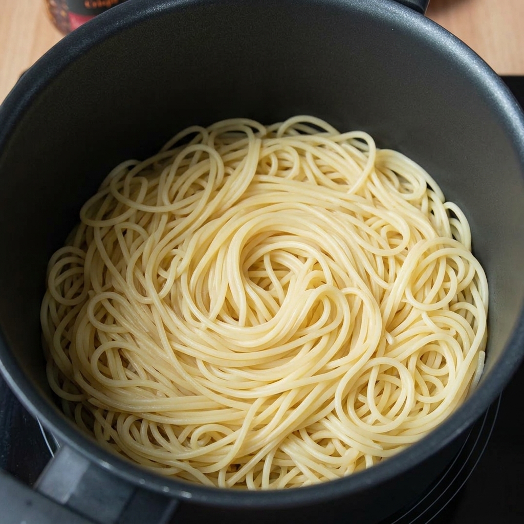 茹で上がったスパゲッティを鍋で食べるラー油と和えている様子。