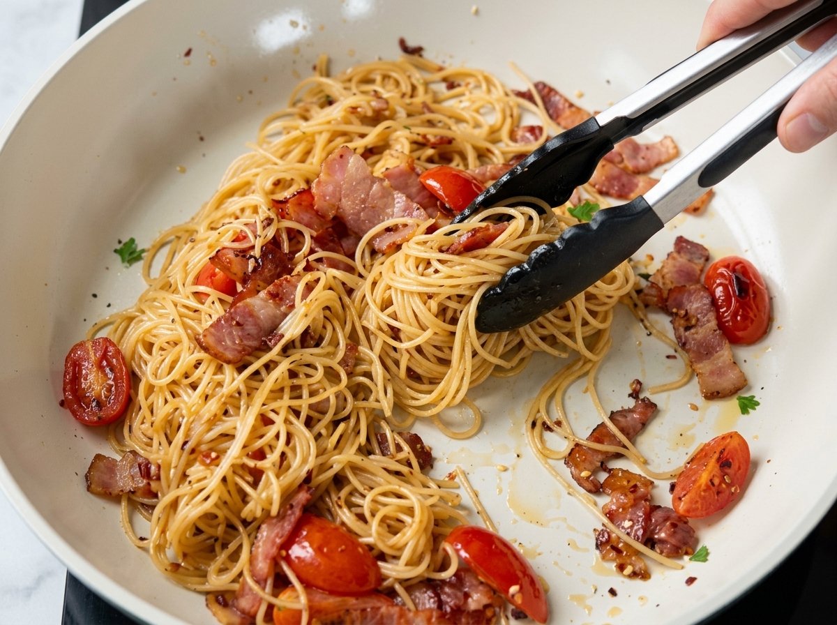 最後にフレッシュバジルを加えて完成したパスタの様子。