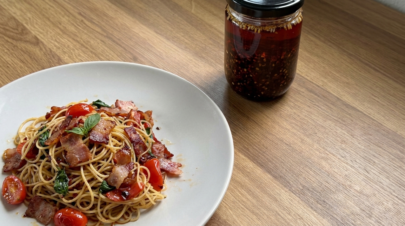 旨辛！ベーコンと食べるラー油のパスタ