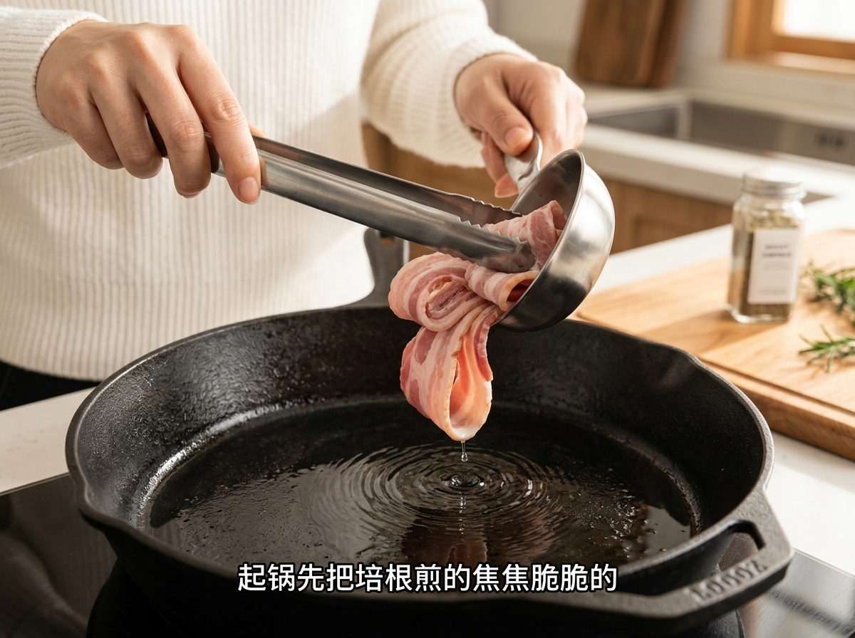 フライパンでベーコンが香ばしく焼けている様子。