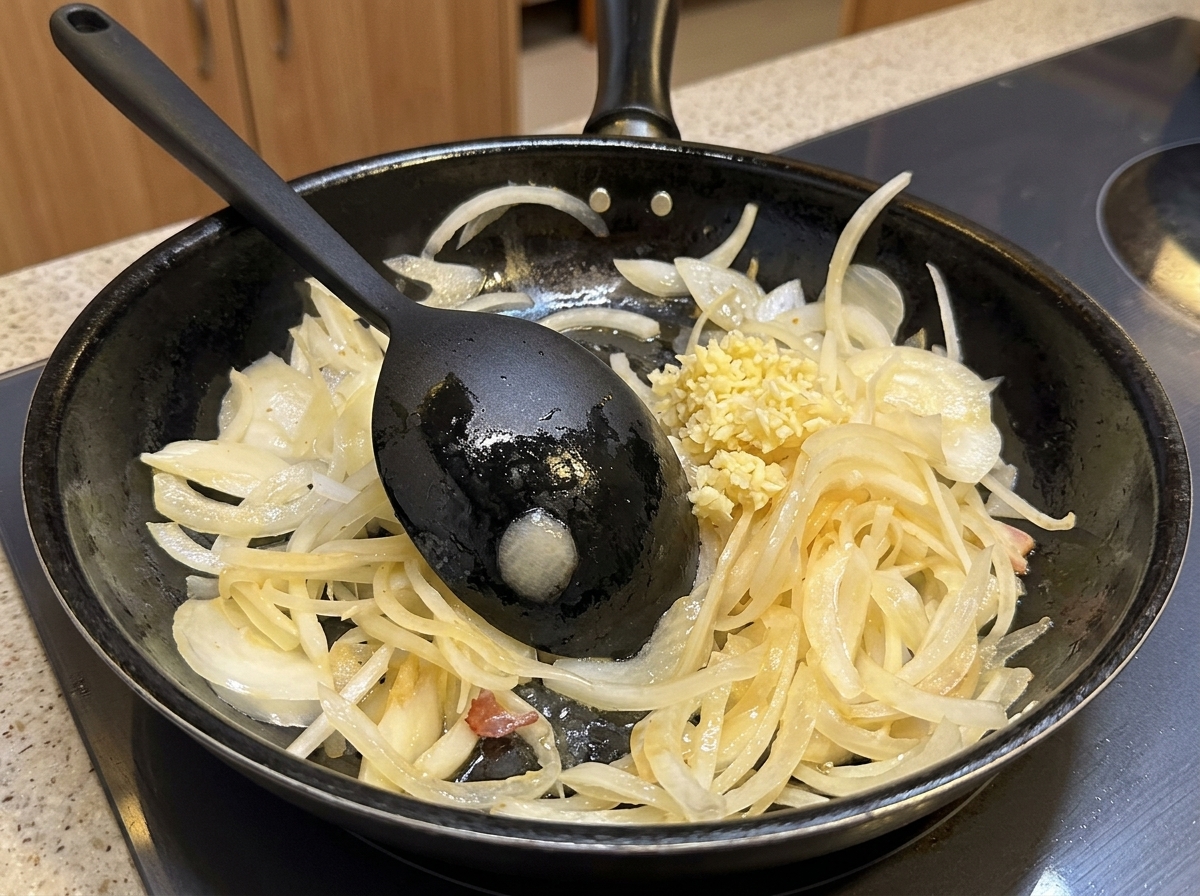 炒めた玉ねぎとベーコンに、みじん切りにしたにんにくを投入する様子。