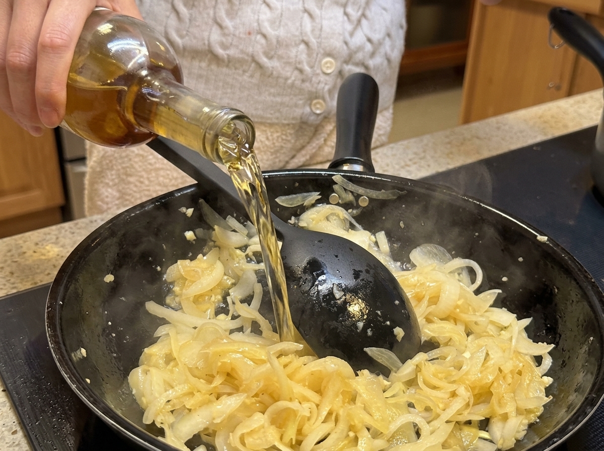 フライパンに白ワインと黒酢を注ぎ、旨味を溶かし出している様子。
