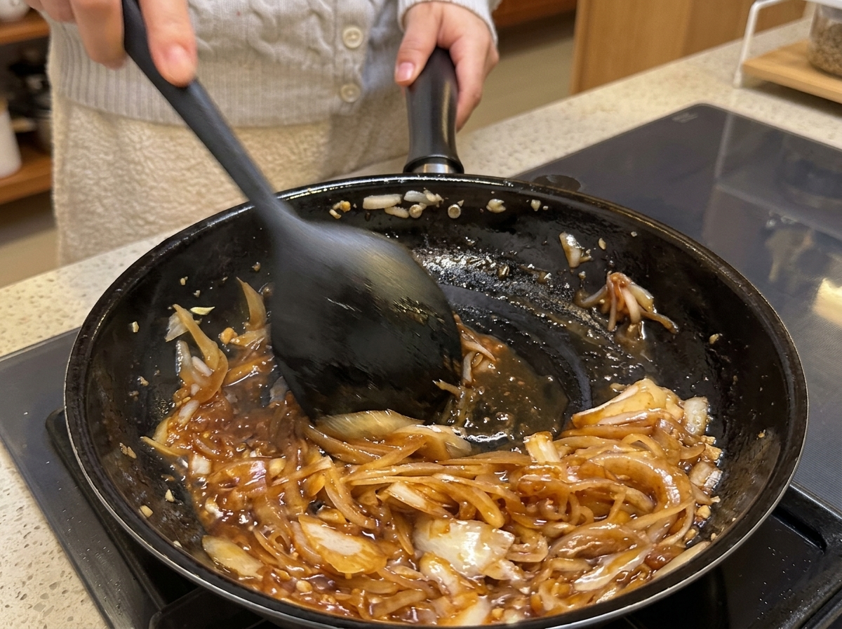 フライパンにラー油とパスタの茹で汁を加え、乳化させている様子。
