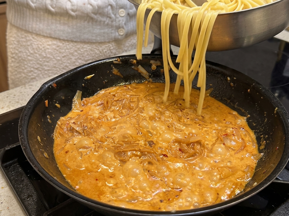茹で上がったパスタをソースに加えて絡めている様子。