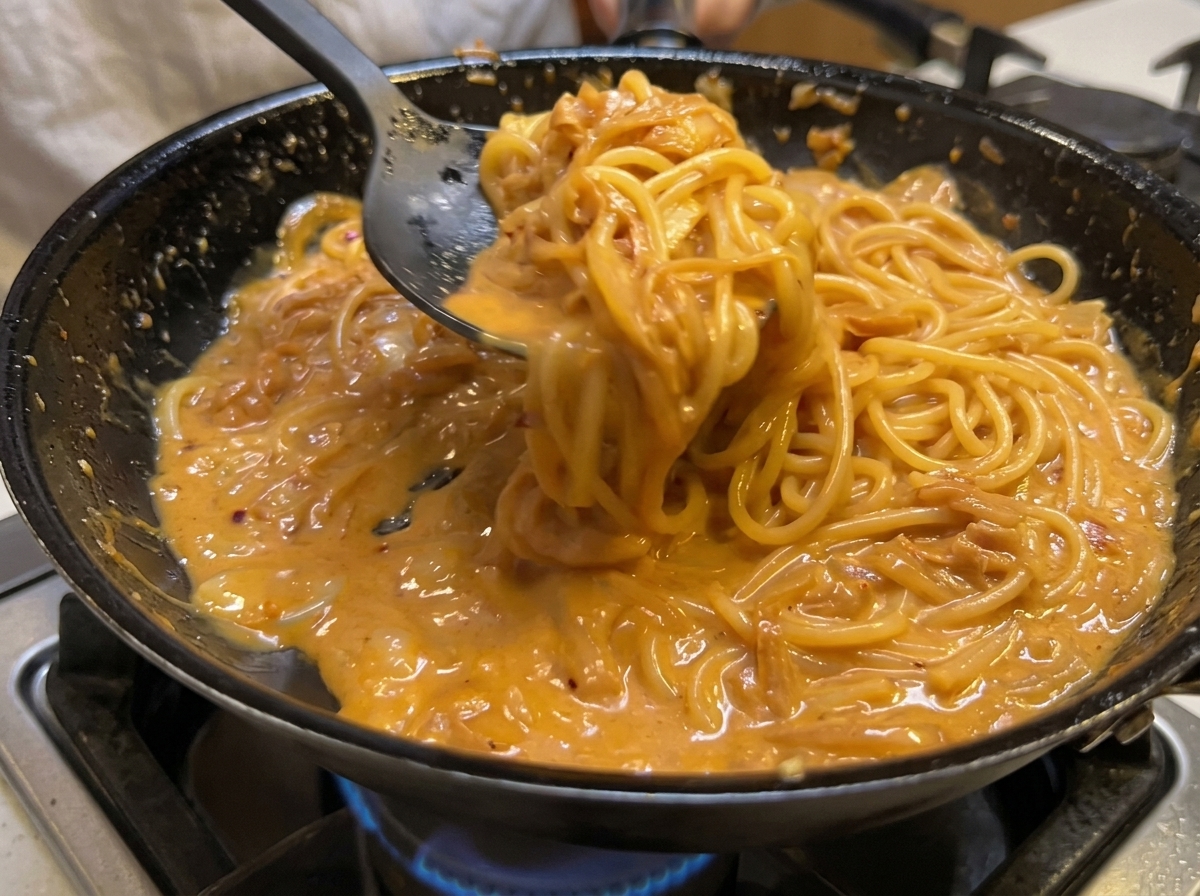 最後にベーコンをトッピングして盛り付けられているパスタ。
