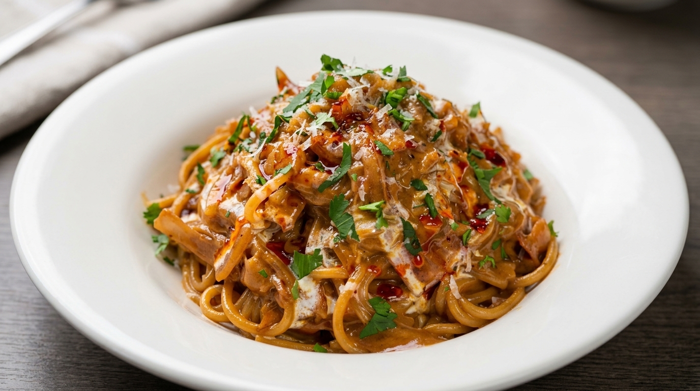 飴色玉ねぎとベーコンの濃厚スパイシー・クリームパスタ