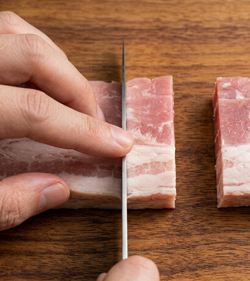 アスパラガスを均一な一口サイズに切っている様子。