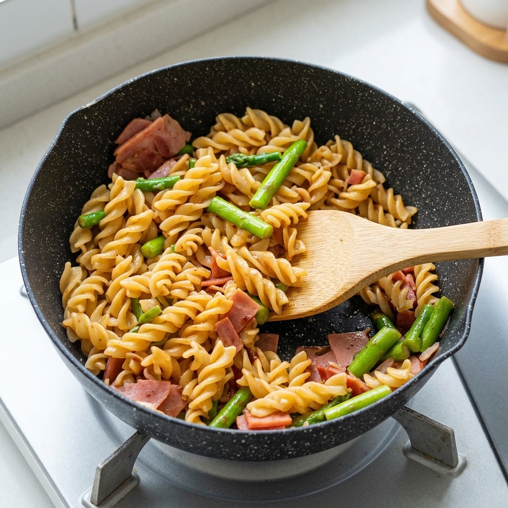 木べらを使ってソースが全体に絡むようにパスタを混ぜ合わせている様子。