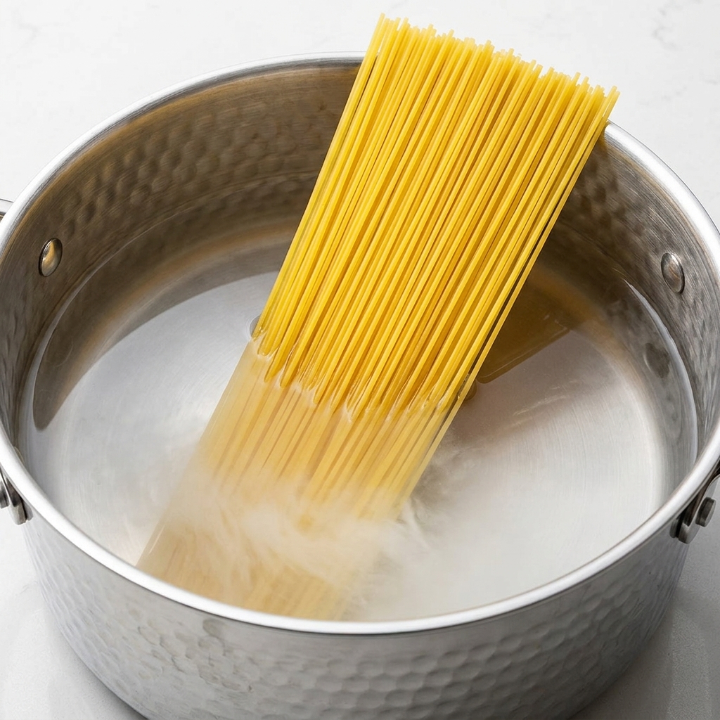 大きな鍋の中の沸騰したお湯にスパゲッティを入れている様子。