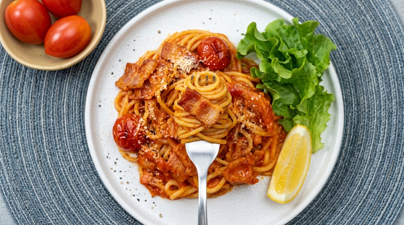 定番のトマトとベーコンのパスタ