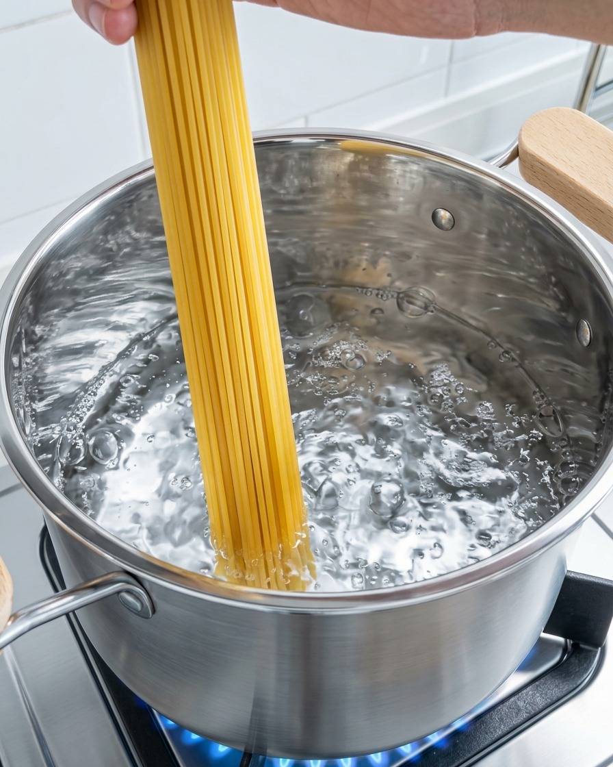 大きな鍋でスパゲッティを茹でている様子。