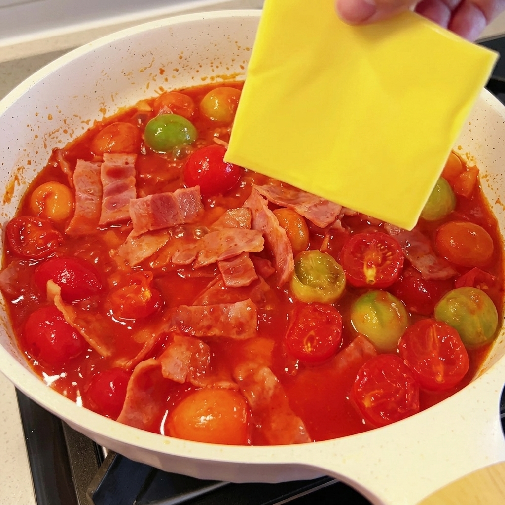 トマトソースの中でスライスチーズが溶けていく様子。