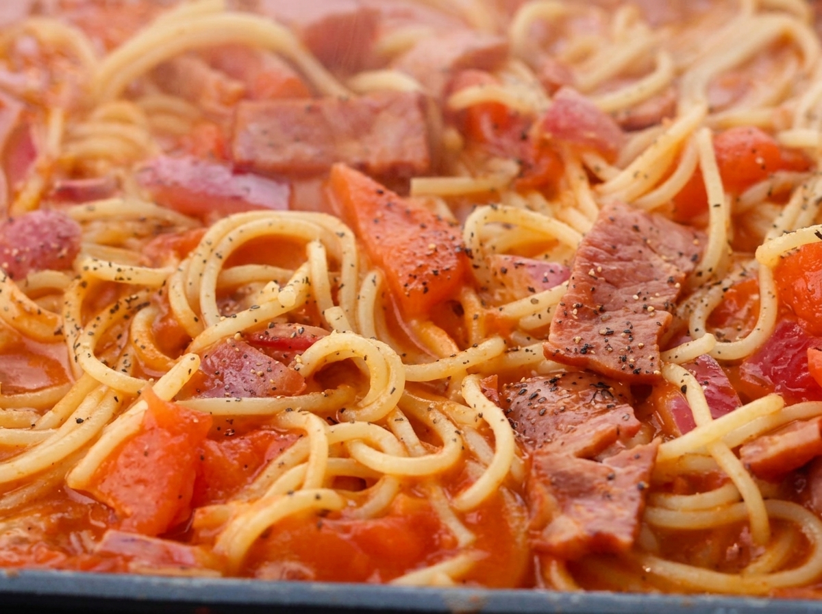 黒胡椒を振ってパスタとソースを絡めている様子。