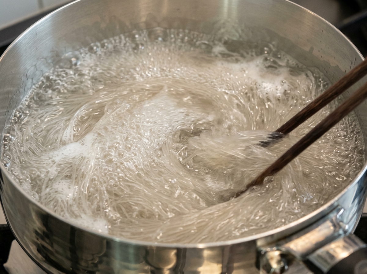沸騰した鍋の中で、箸を使ってそばをほぐしながら茹でている様子。