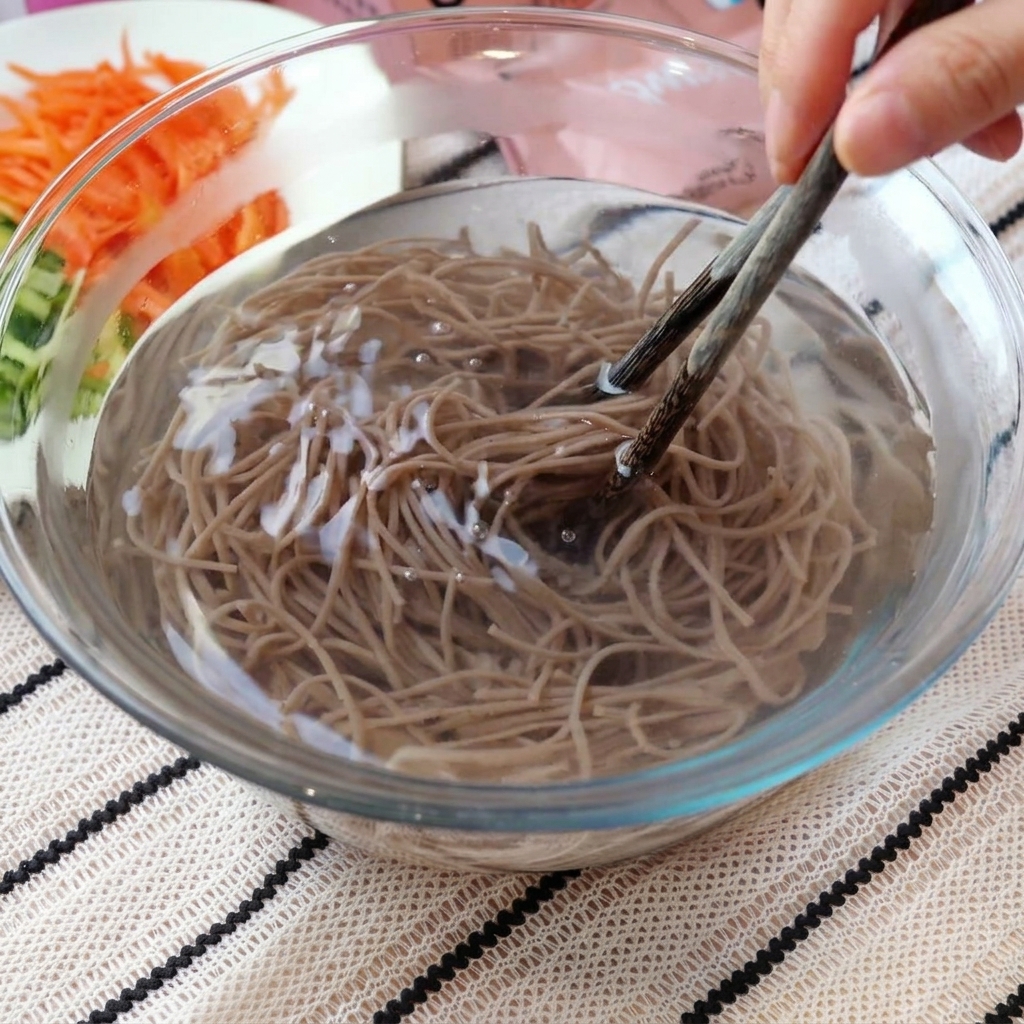 茹で上がったそばを冷水ボウルに入れ、箸で洗っている様子。