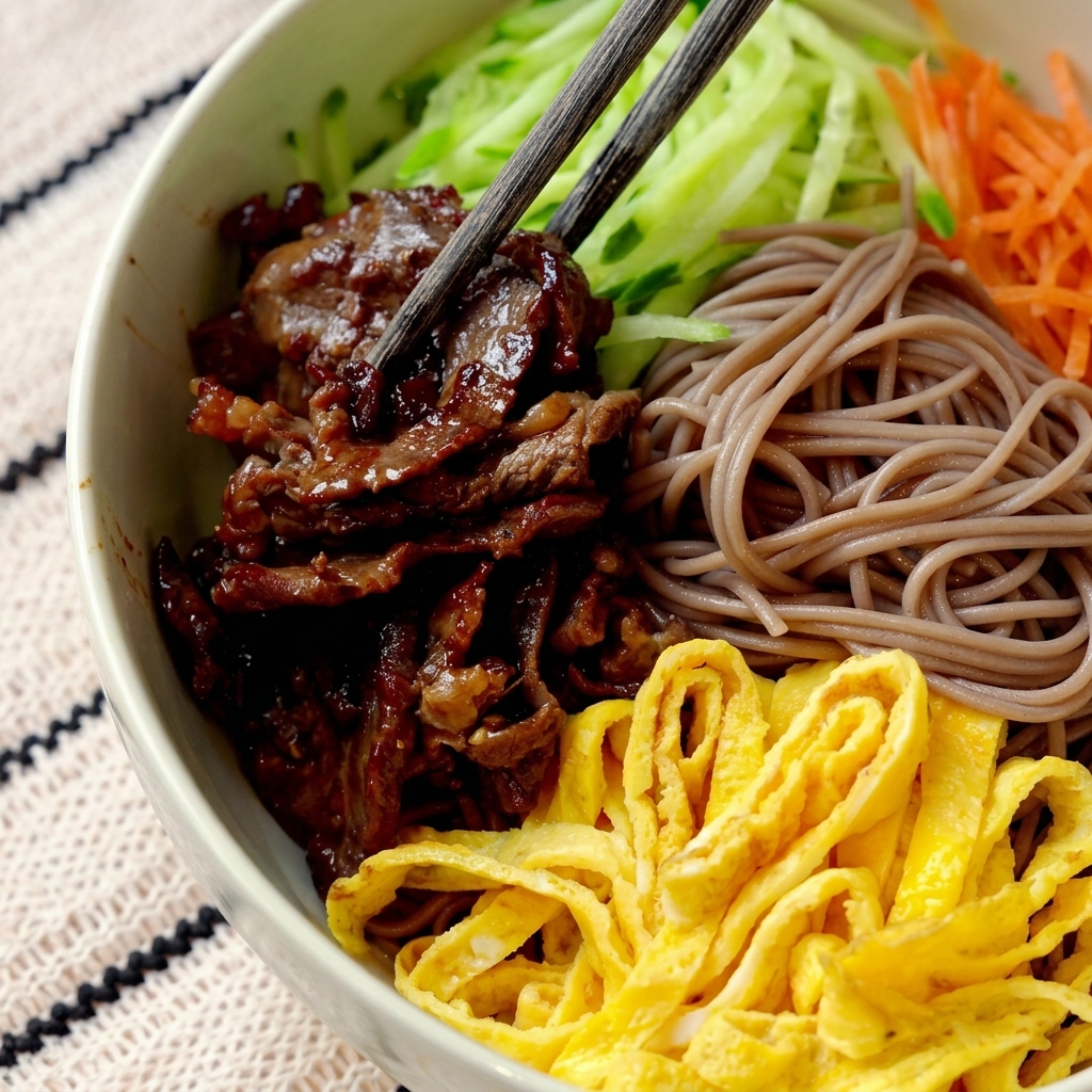 器にそばを盛り、その上に牛肉と色鮮やかな野菜がトッピングされている様子。