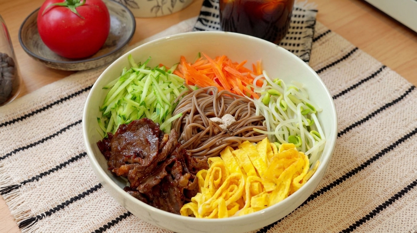 冷たく締めたそばの上に、炒めた牛肉と錦糸卵、彩り豊かな野菜を美しく盛り付けた一皿。