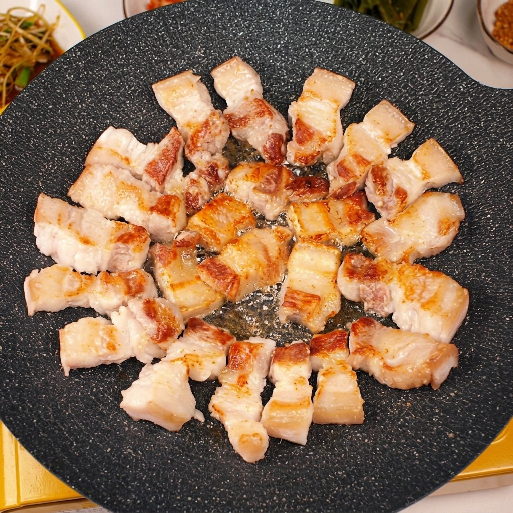 熱したパンの中央で、溶け出した豚の脂でにんにくのスライスが揚げ焼きされている様子。
