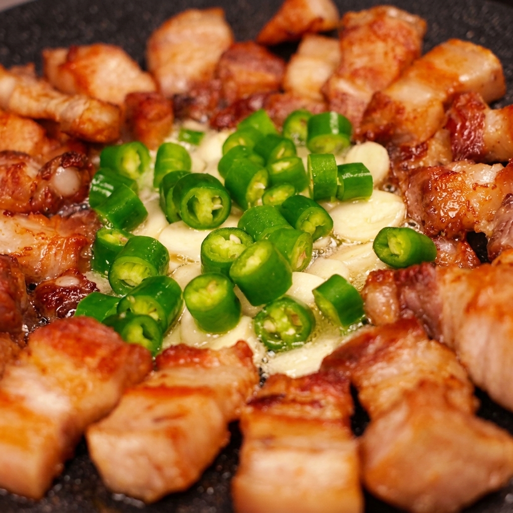 焼き色のついた豚肉の周りで、キムチと青唐辛子が炒められている様子。