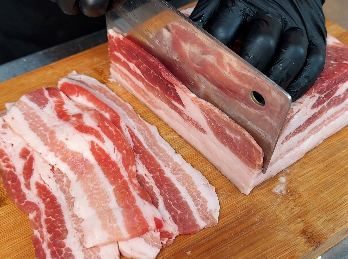 まな板の上にきれいに並べられた生豚バラ肉の薄切り。