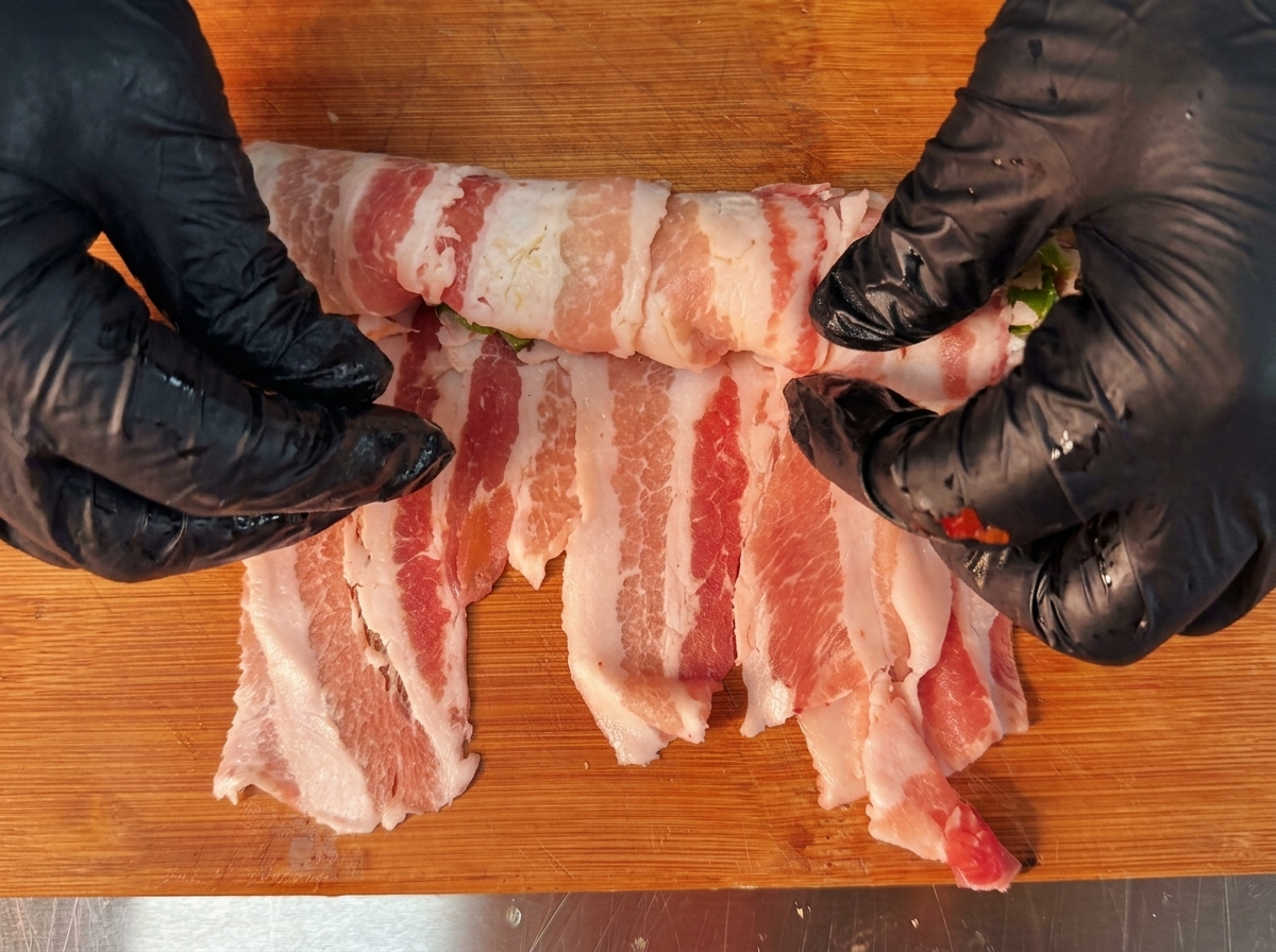 黒い手袋をした手で、野菜を包んだ豚バラ肉を巻いている様子。