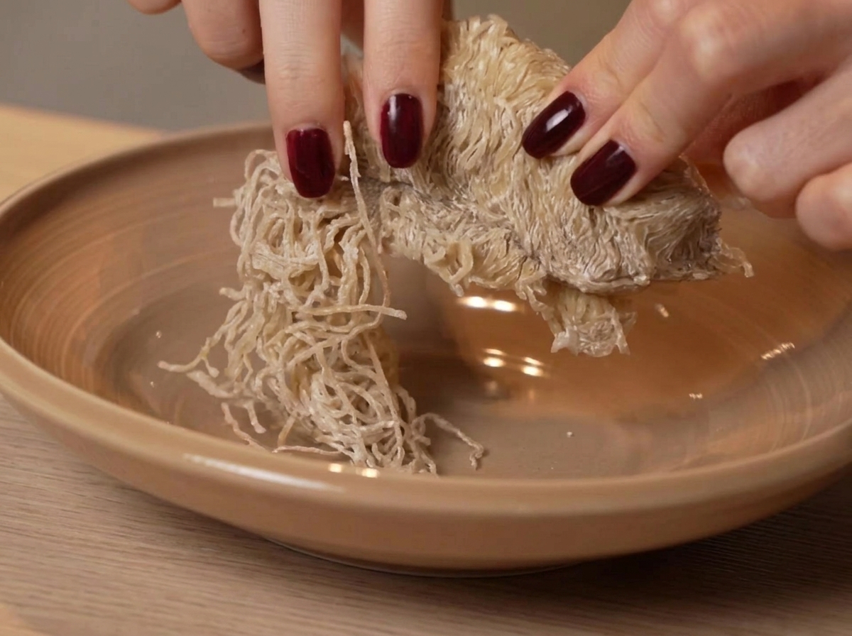 お皿の上で生の竹打ち麺を手でほぐしている様子