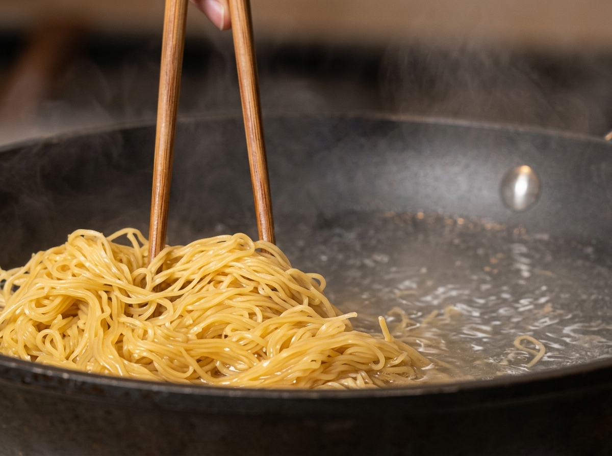 沸騰したお湯の中で菜箸を使って麺をかき混ぜている様子