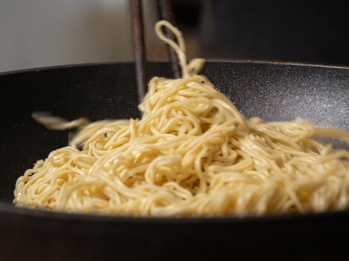 お湯を切った麺を、温めた油が入ったフライパンに入れて和えている様子