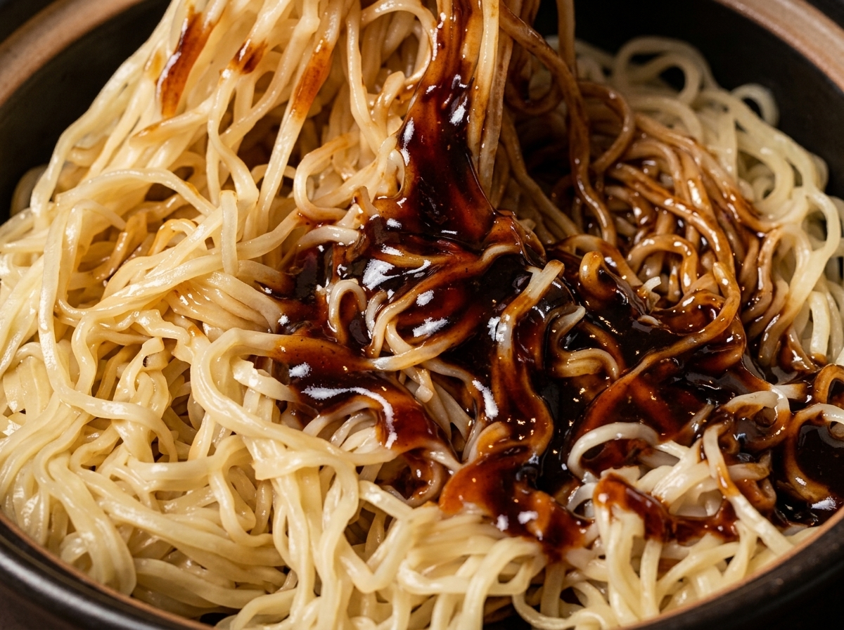 フライパンの中で菜箸を使って麺と濃い色のソースを和えている様子