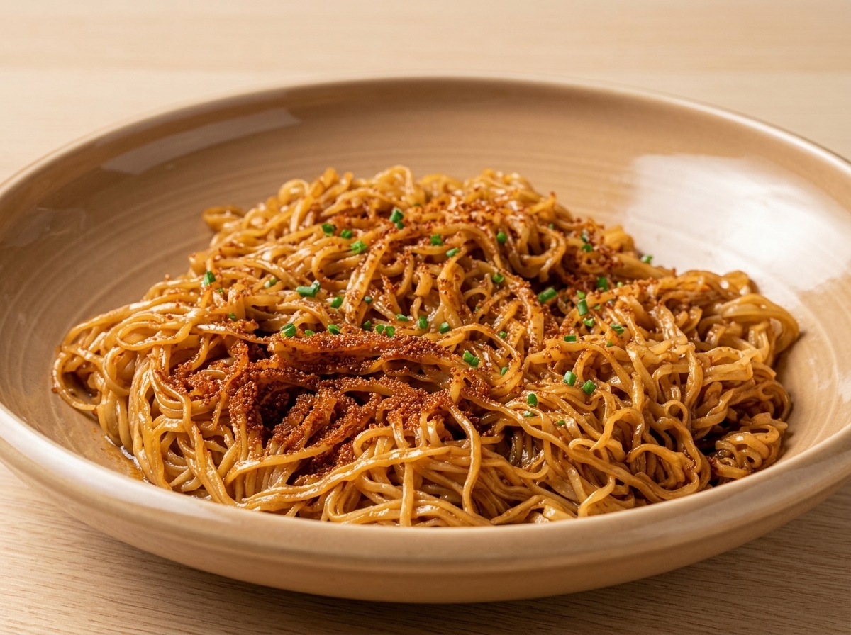 出来上がった麺の上にえび子を振りかけている様子