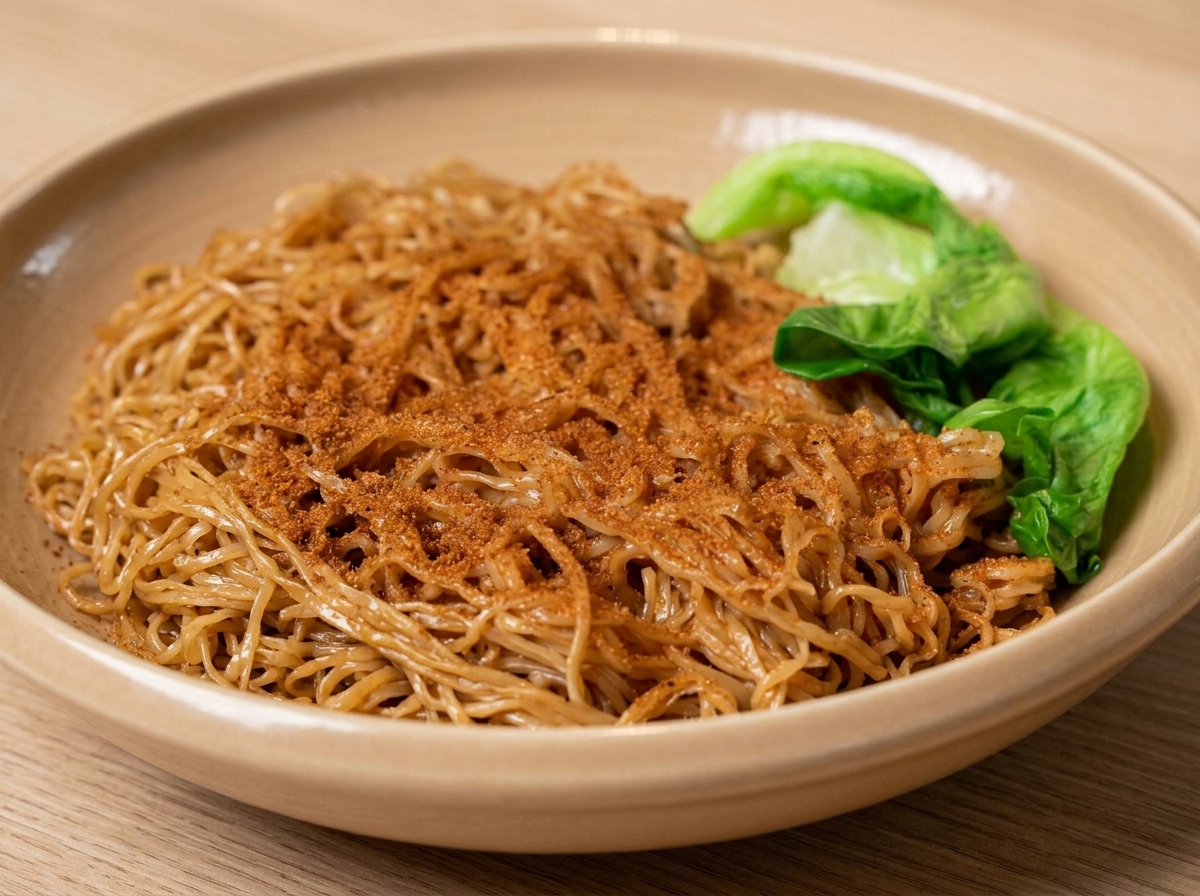 サッと茹でた新鮮なレタスを添えた、えび子麺のボウル