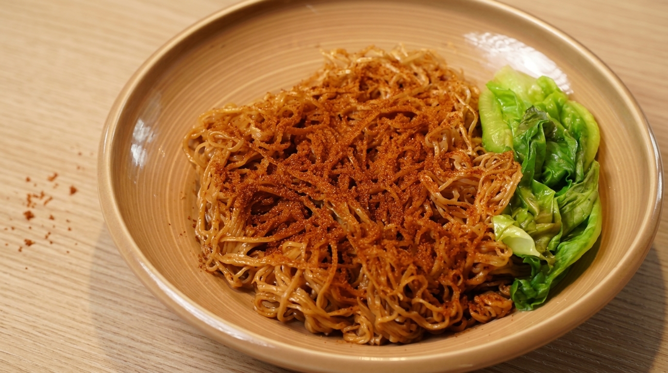 風味豊かなえび子をたっぷり振りかけた香港風和え麺。サッと茹でたシャキシャキのレタスを添えて。